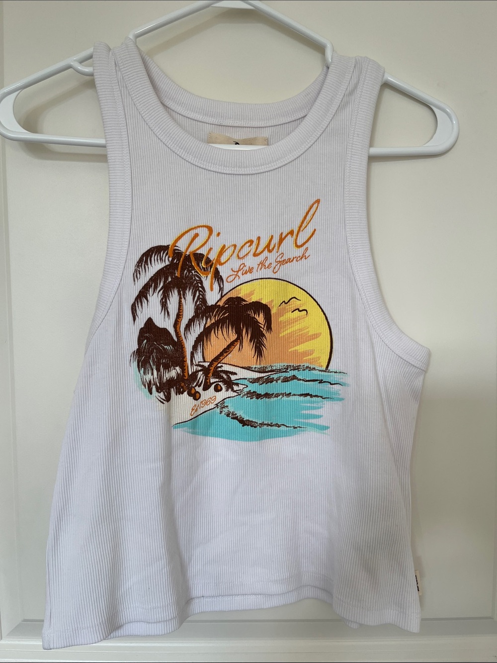 Rip Curl White Tank Top with Sunset Palm Graphic